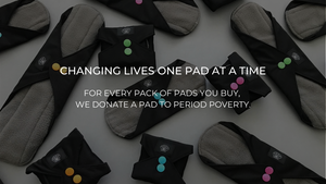Floating Lotus Best Reusable Sanitary Pads, UK British business, all sizes shown with colourful background.  Text says "changing lives one pad at a time", for each pack sold we donate a period pad to period poverty charities and causes.