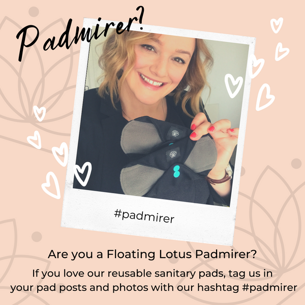 Reusable sanitary pads by Floating Lotus, being held by a smiling person. If you are a Floating Lotus 'padmirer' you can use hash tag padmirer.