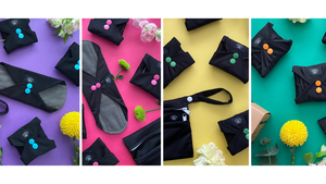 Floating Lotus Best Reusable sanitary pads, UK British business, all sizes shown with colourful background. Suitable for light, medium, heavy and extra heavy periods.